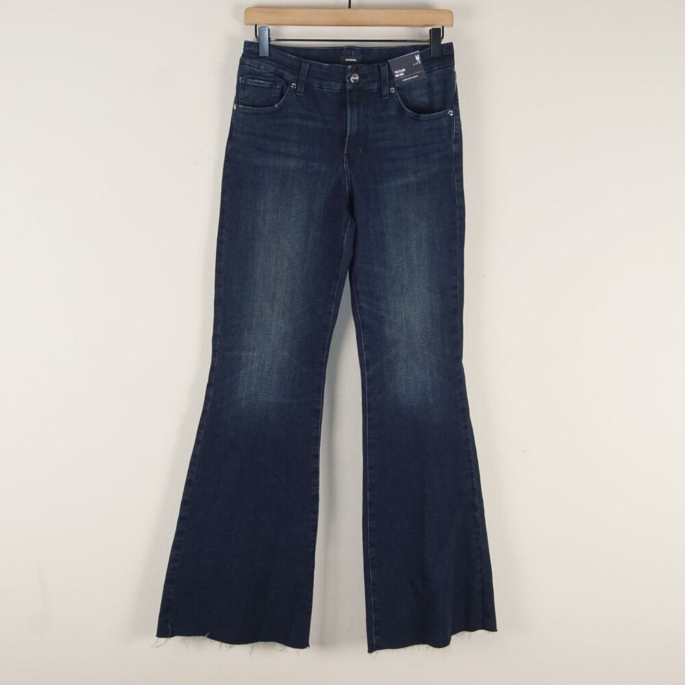 NEW EXPRESS Mid Rise Dark Wash Blue 70's Flare Jeans Flex Sz Medium 6/8/10 NWT